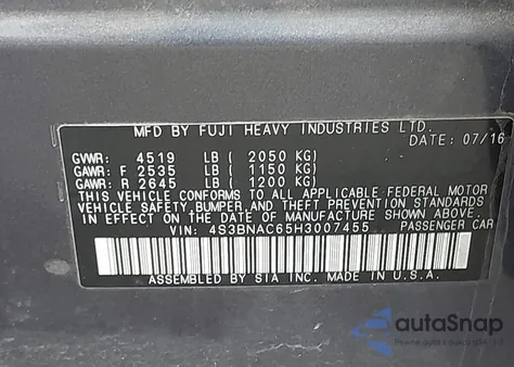 2017 Subaru Legacy 2.5I Premium z USA, uszkodzony, nr VIN 4S3BNAC65H3007455